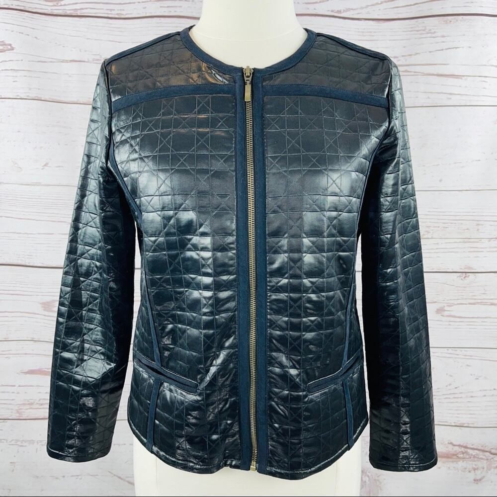 Ruby Rd. black quilted shiny jacket zip front pockets